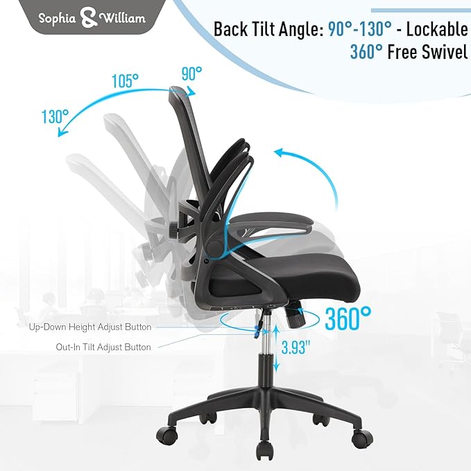 Sophia & William Ergonomic Mesh Office Desk Chair High Back, 360° Swivel Rocking Executive Computer Chair with Flip-up Armrests, Height Adjustable Lumbar Support, Black, Load Capacity: 300 lbs