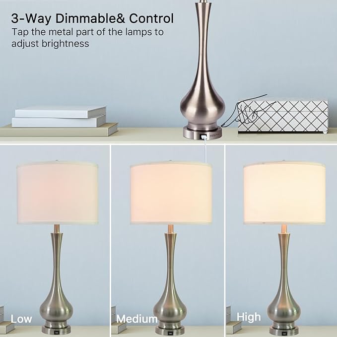Touch Lamp for Bedroom, Nightstand Lamp with USB Port & White Shade, Tall 30" Beside Lamps with Metal Base Design, 3 Way Dimmable Touch Control Table Lamps for Living Room, Bedroom, Office