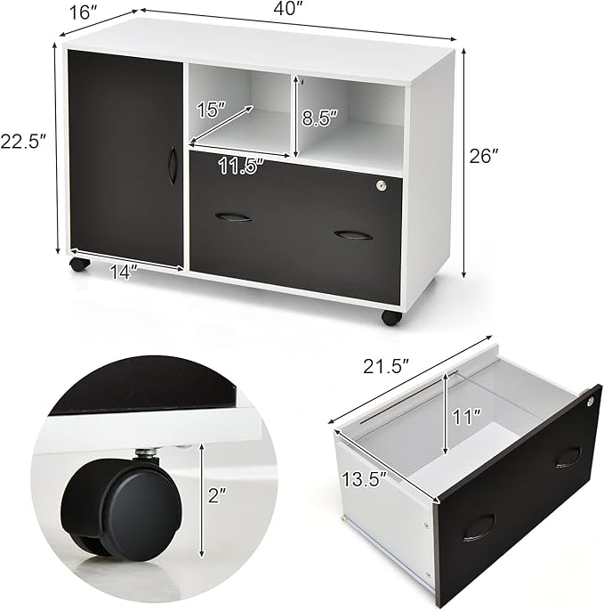 Giantex Mobile File Cabinet on Wheels - Lateral Filing Cabinet w/Drawer, Open Shelves, Single Door, Lockable Wheels, 40” Printer Stand for Letter/Legal/A4 Size Files, Home Office Storage Cabinet