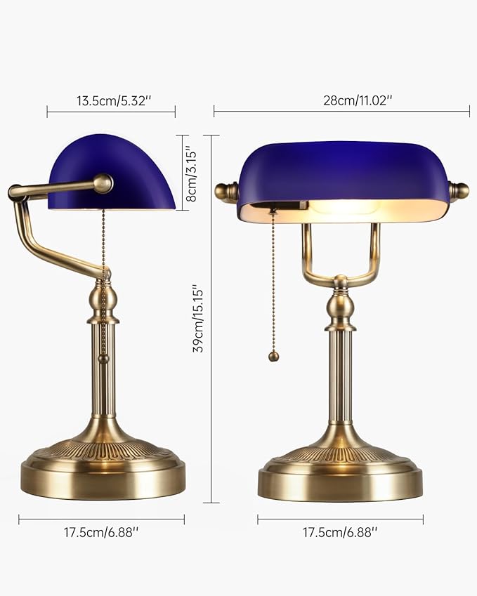 Newrays Blue Glass Bankers Desk Lamp with Pull Chain Switch Plug in Fixture for Home Office,Library