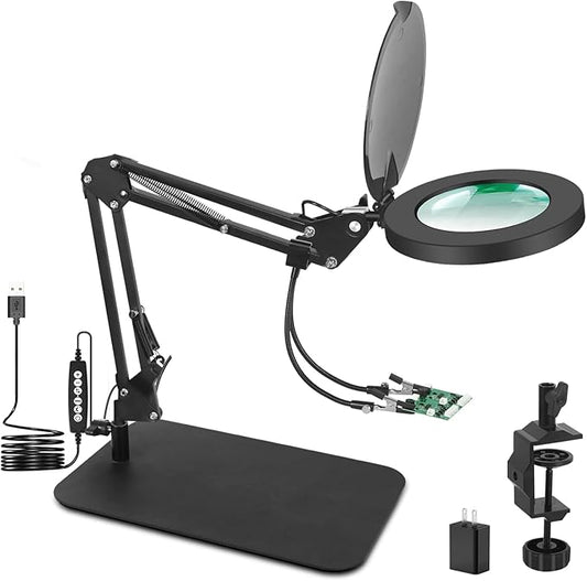 Magnifying Glass with Light, EOOKU 3-in-1 Magnifying Desk Lamp 5X LED Magnifying Lamp with Heavy Base & Clamp, 5 Color Modes Stepless Dimmable, Magnifier Light for Soldering Craft Workbench