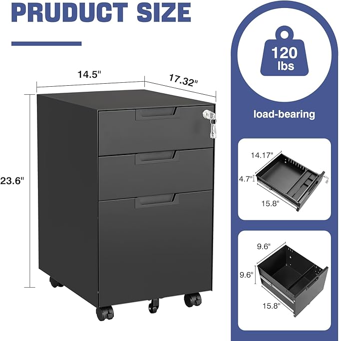 Rolling File Cabinet with Lock, 3 Drawer Metal Mobile Filing Cabinet for Legal/Letter Size,Fully Assembled Except Casters