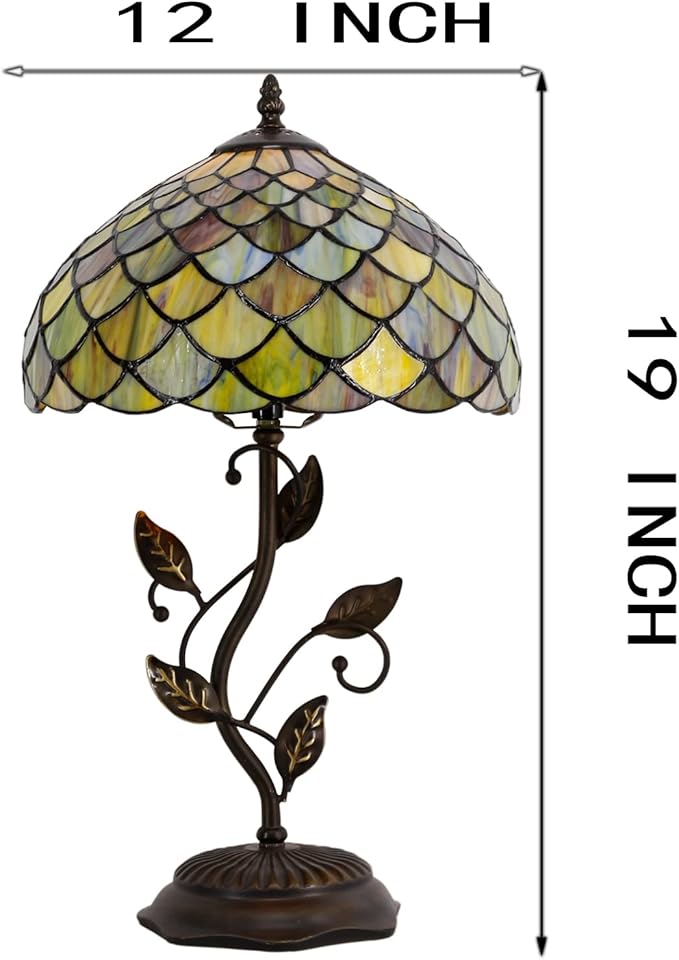 Tiffany Lamp Fish Scales Style Stained Glass Table Lamp Desk Bedside Reading Light 12X12X19 Inches with Metal Leaf Base Decor Bedroom Living Room
