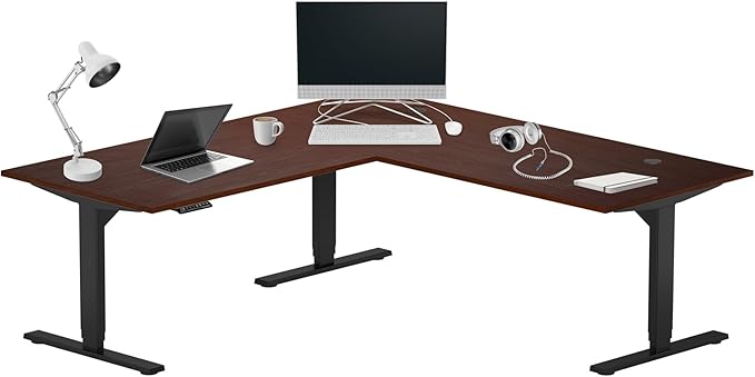 Progressive Desk Height Adjustable Electric Standing Desk - L Shaped 72" x 72" Computer Stand Up Rising Workstation Corner Table - Black Frame, Dark Cherry Top