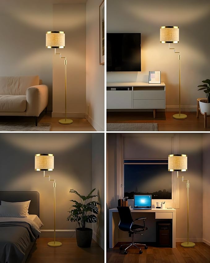 Lightdot 70IN Gold Floor Lamp Dimmable Linen Shade LED Floor Lamps with 3000K for Wedding/Party,350 Degree Swing Arms, Modern Tall Lamp for for Reading, Sewing, and Craft (Bulbs Included)