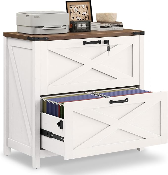 2 Drawer File Cabinet with Lock, Farmhouse Lateral Filing Cabinet Fits Letter/A4/F4/Legal Size, Wooden File Cabinets Printer Stand for Home Office, White