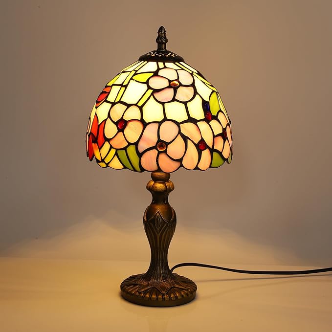 Tiffany Small Table Lamp 3 Color Temperatures Plum Blossom Flower Stained Glass Table Lamps for Living Room Bedroom Bedside Nightstand Home Office Desk Light W/LED Bulb 8X8X15Inch