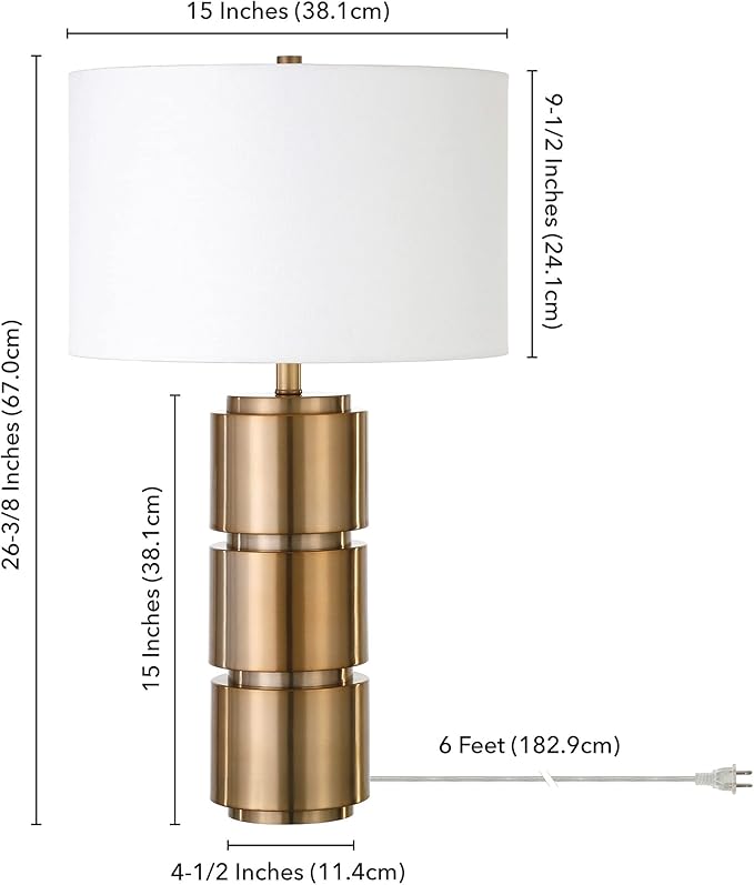Henn&Hart 27'' Mid-Century Modern 1-Light Table Lamp with White Fabric Drum Shade for Living Room, Bedroom, or Office, Brass
