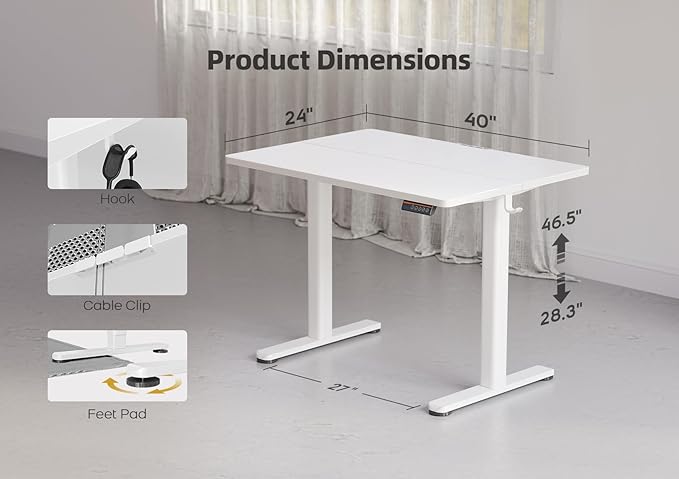 YDN Electric Standing Desk Adjustable Height, Stand up Desk with Cable Management, Home Office Desks with Splice Board & Frame, 40 x 24 Inches, White Top