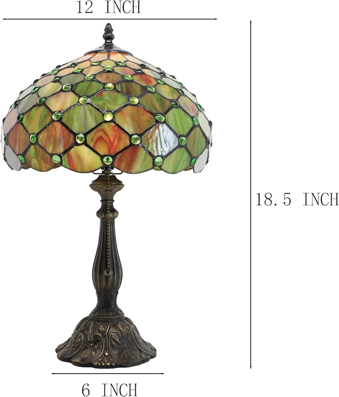 Tiffany Lamps Brownish Green Beads Style Stained Glass Table Lamp Desk Bedside Reading Light 12X12X18.5 Inches with Bronze Resin Base Applicable to Bedroom Living Room Office