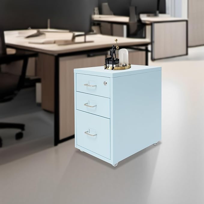 3 Drawers Rolling File Cabinet, Metal Filing Cabinets with Lock, 18.3 inch H Vertical Filing Cabinet Under Desk for Home Office, Heavy Duty Metal Storage Cabinet for A4/Letter/Legal Size File