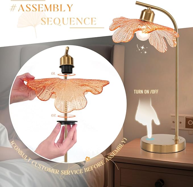 Mid Century Modern Table lamp Bedside Table Lamps with Touch Switch Amber Glass Tall Table lamp Gold Desk lamp nightstand lamp Small Table lamp for Bedroom Living Room Office