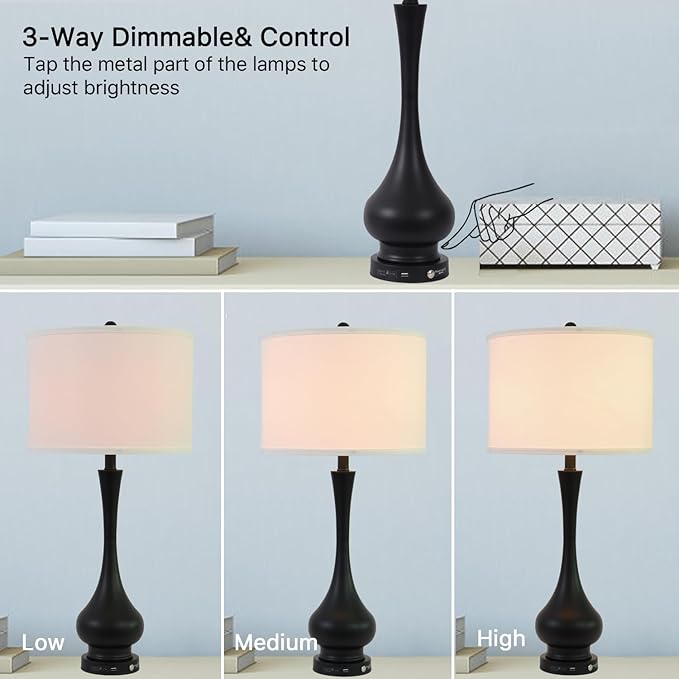Touch Control Table Lamp Set of 2, 3-Way Dimmable Nightstand Lamp Sets with Linen Fabric Shade, Bedside Lamp with USB Port & E26 Socket, Modern Tall Table Lamp