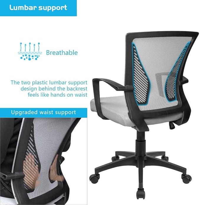 Furmax Office Chair Ergonomic Computer Desk Mesh Chair Mid Back Swivel Lumbar Support with Armrest (2, Gray)