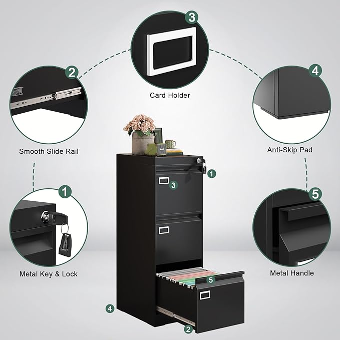 Three Drawer File Cabinet with Lock, Metal Filing Cabinet for Home Office, 3 Drawer Locking Filing Cabinets, Black Vertical File Cabinets for Letter/Legal / A4 / F4 Size, Lockable Design