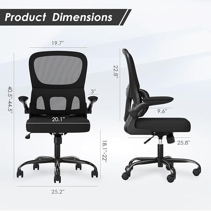 Soohow Office Chair, Mesh Ergonomic Office Chair with Lumbar Support, Comfy Computer Desk Chair with Flip Armrest Rolling Wheels for Home Study Room Office, Black & Black