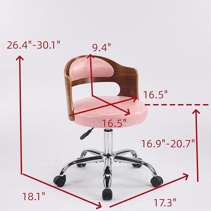 VINGLI Armless Home Office Desk Chair, Adjustable Swivel Chair,Dual-Use with/no Wheels,Small Retro Designed Walnut Curved Task Chair,Cushioned Nail Tech Chair for Study Area,Workspace,PU,Pink