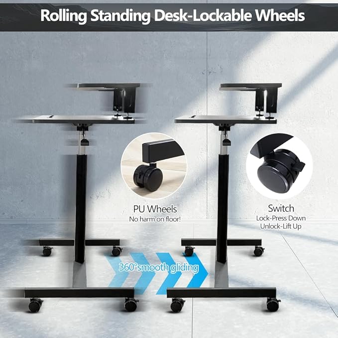 Mobile Standing Desk,Rolling Desk Adjustable Height,Laptop Cart on Wheels with Keyboard Tray&Monitor Stand Riser,Overbed Table for Home,Office,Podium (Black)