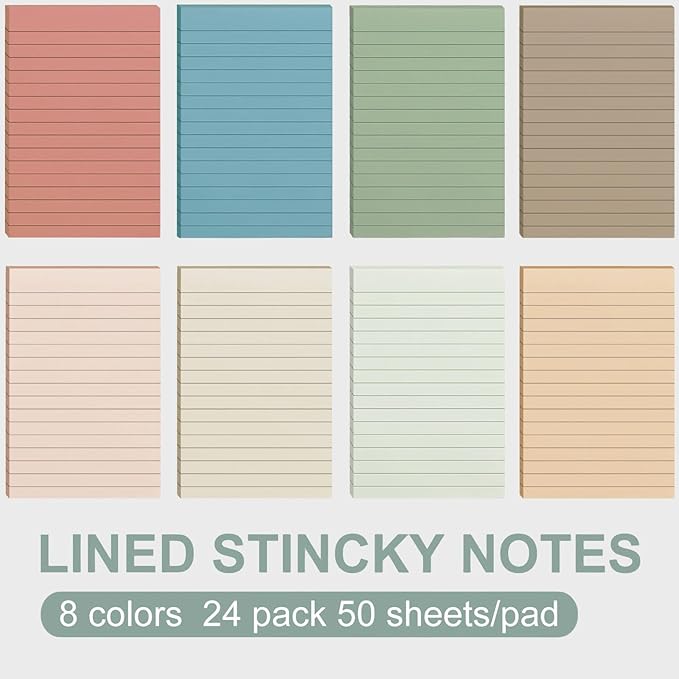 24 Pack Lined Sticky Notes 4X6 in Self Sticky Note Pads Colorful Post Stickies for Office, Home, School, Meeting, 50 Sheets/pad, Morandi