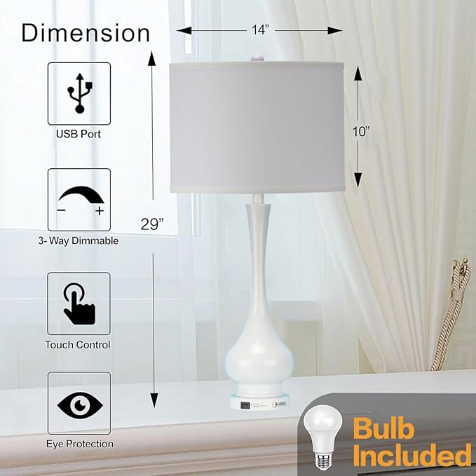 Table Lamps for Living Room Set of 2,30" Tall Bedside Farmhouse Lamps,Bedroom Nightstand Lamps with USB Port, 3-Way Dimmable Modern Large Table Lamps with White Shade (Bulbs Included)