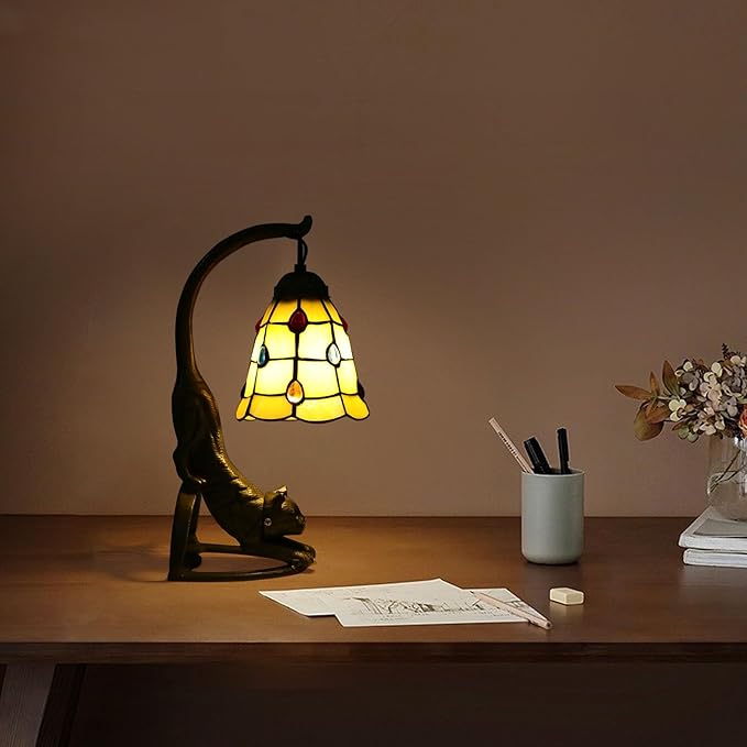 Tiffany Style Table Lamp, Stained Glass Bedside Nightstand Lamps with Cat Base, Vintage Antique Small Desk Light for Bedroom Living Room Home Office Reading Decoration, 5.9x15.74in (Style 2)