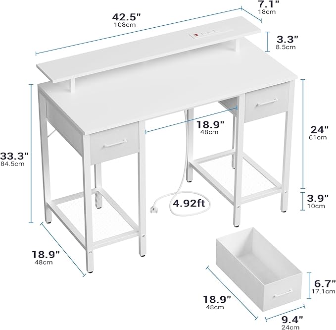White Computer Desk with Drawers, 42 Inch Home Office Desk Study Writing Table, Gaming Desk with USB Power Outlets, Office Desk with Fabric Drawer, Work Table with Shelf for Bedroom, White