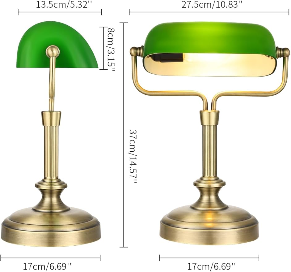 Traditional Banker's Desk Lamp with Glass Shade,Pull Chain Switch, LED Bulb Included (Antique Brass+Green+Touch)