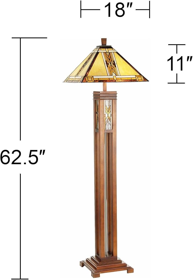 Robert Louis Tiffany Mission Rustic Tiffany Style Floor Lamp with Night Light 62.5" Tall Walnut Wood Column Square Geometric Stained Glass Shade Decor for Living Room Reading House Bedroom