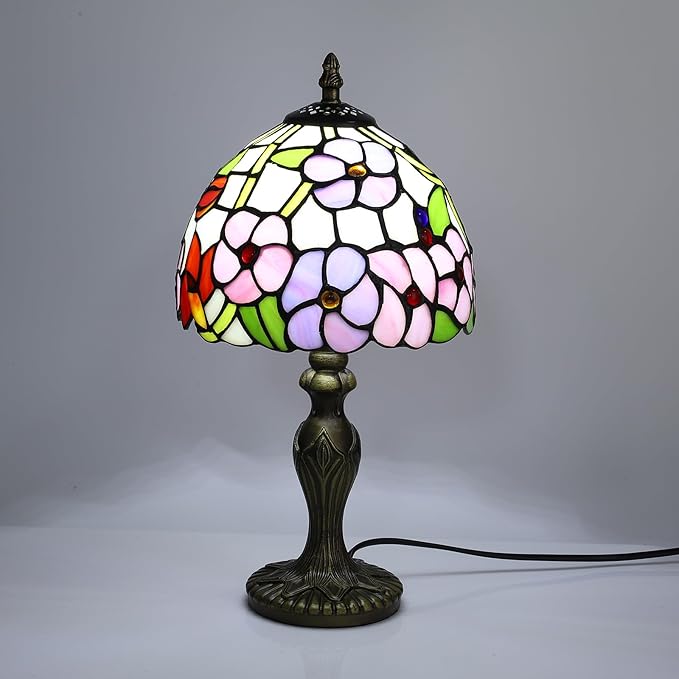 Tiffany Small Table Lamp 3 Color Temperatures Plum Blossom Flower Stained Glass Table Lamps for Living Room Bedroom Bedside Nightstand Home Office Desk Light W/LED Bulb 8X8X15Inch