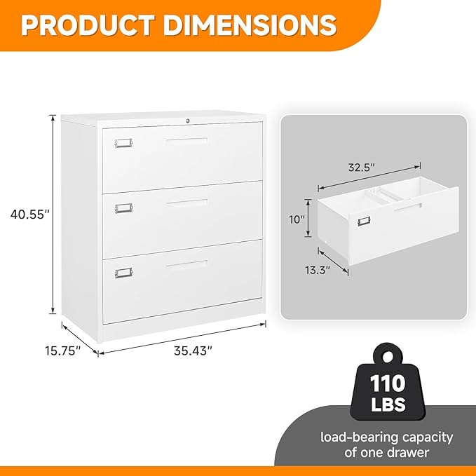 Lateral File Cabinet, Metal Filing Cabinet with Lock, 3 Drawer File Cabinets for Home Office, Office Cabinet for Hanging Files Letter/Legal/F4/A4, Assembly Required, White