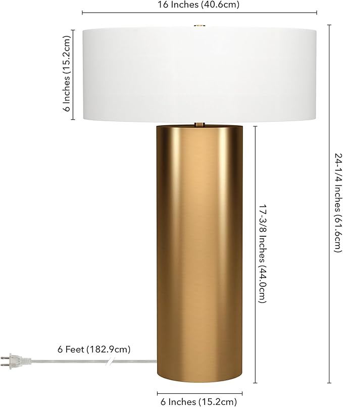 Henn&Hart 24'' Mid-Century Modern 1-Light Table Lamp with White Fabric Drum Shade for Living Room, Bedroom, or Office, Brass