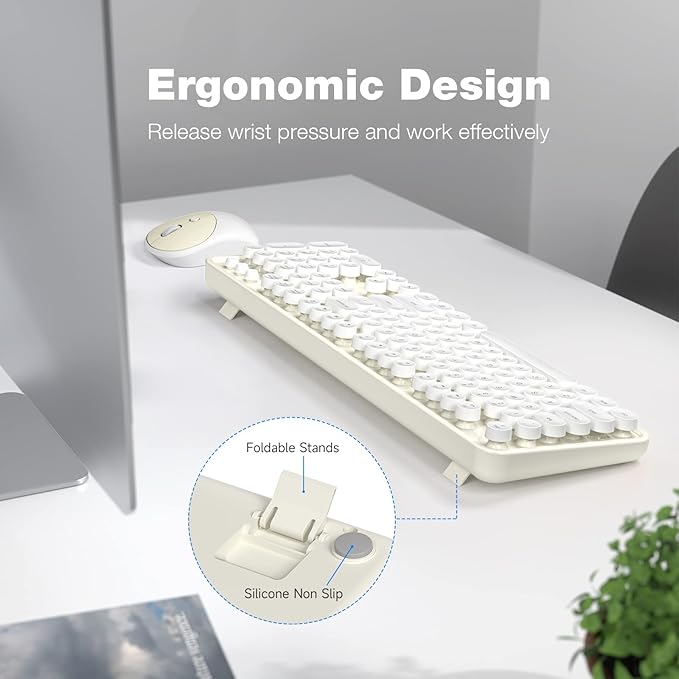 Wireless Keyboard and Mouse Combo - GEEZER Cream-White Full-Sized Colorful Keyboard 104 Keys - USB 2.4 G Receiver Plug and Play with Round Keycap Typewriter Keyboards, for Windows, PC, Laptop, Desktop
