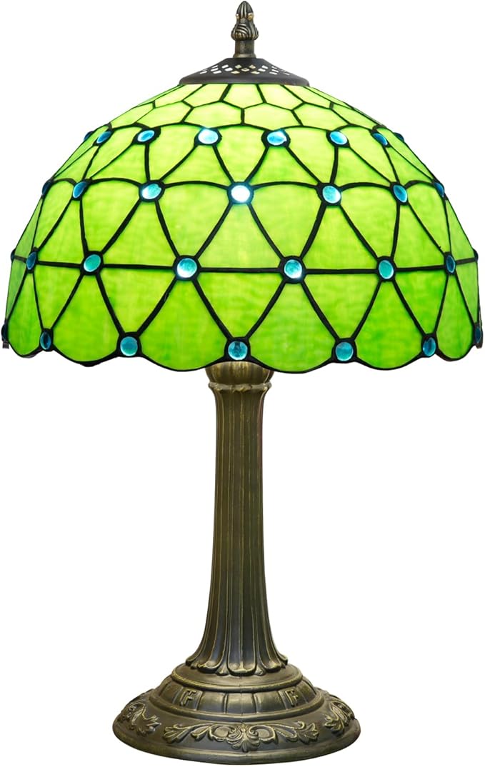 Green Tiffany Lamp For Bedrooms Bedside Stained Glass Table Lamp Farmhouse Lamps Night Stands Retro Traditional Nightstand Desk Decor Blue Beads Side Living Room End Desk Reding Lighting 12x12x19 Inch