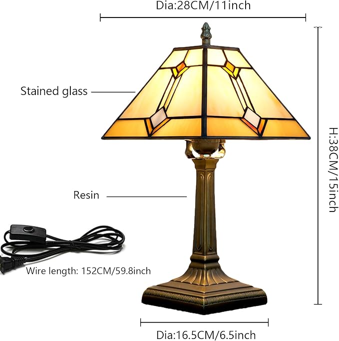 Tiffany Table Lamp Mission Style Stained Glass Table Light Yellow Antique Desk Lamp Vintage Beside Reading Lamp for Home Living Room Bedroom Office