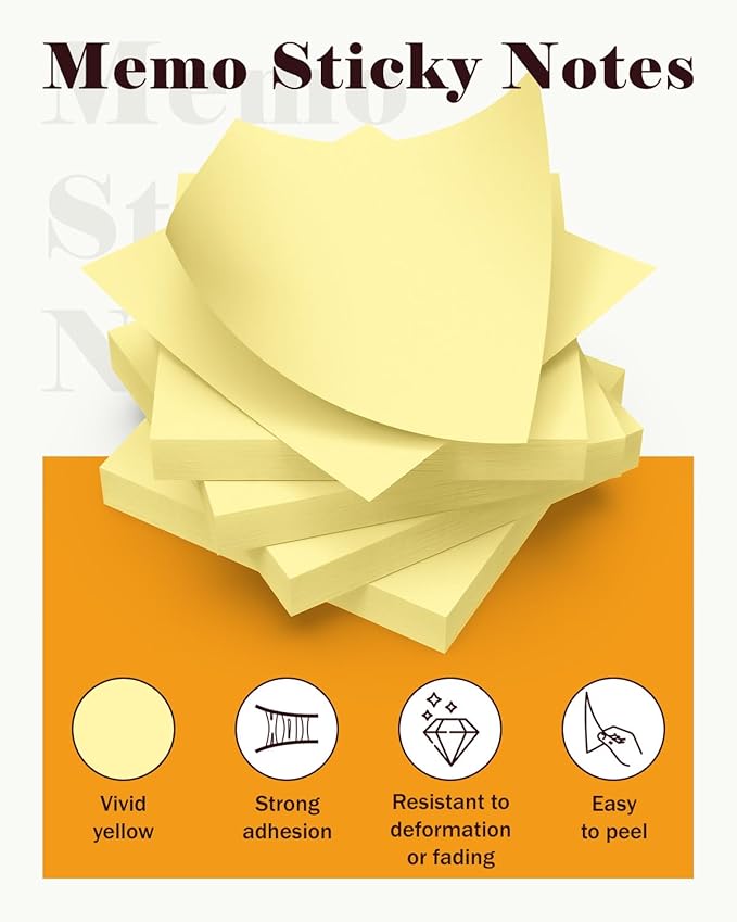Sticky Notes 3x3 in 3600 Sheets 48 Pads Yellow Self-Stick Memo Pads Clean Removal Durable Adhesive for Office School Home 75 Sheets/pad