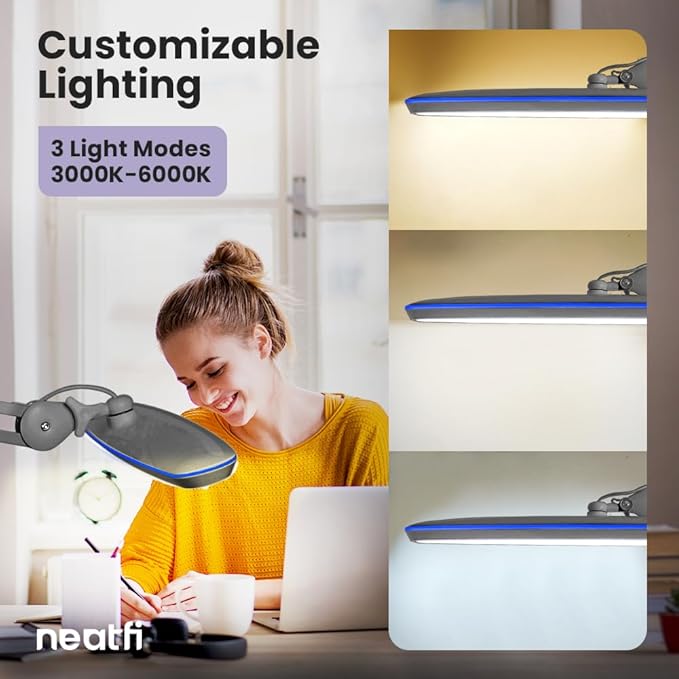 Neatfi XL 2,200 Lumens LED Task Lamp, 24W, 117 SMD LEDs, 23-Inch Ultra-Wide, 4 Brightness Levels, 3 Light Modes, Dimmable, Eye-Caring, Glare-Free (CCT with Clamp, Silver)