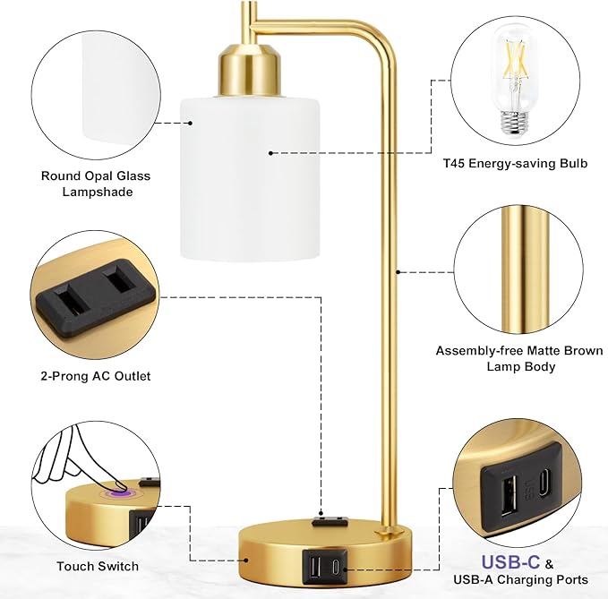 Innqoo Industrial Gold Table Lamps for Bedrooms Set of 2-3-Way Dimmable Desk Lamp with USB C+A Ports and Outlet, Gold Lamps with Opal Glass Shade for Living Room, Desk Lamps for Home Office