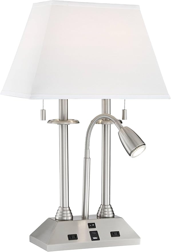 Possini Euro Design Dexter Modern Table Lamp 26" High with USB and AC Power Outlet in Base Brushed Nickel LED Reading Light White Linen Shade for Bedroom Living Room House Desk Bedside Nightstand