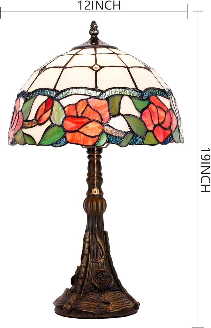 Tiffany Stained Glass lamp 12X12X19 inch red Rose Style Desk Reading Light in Bedroom Living Room (Red Rose)