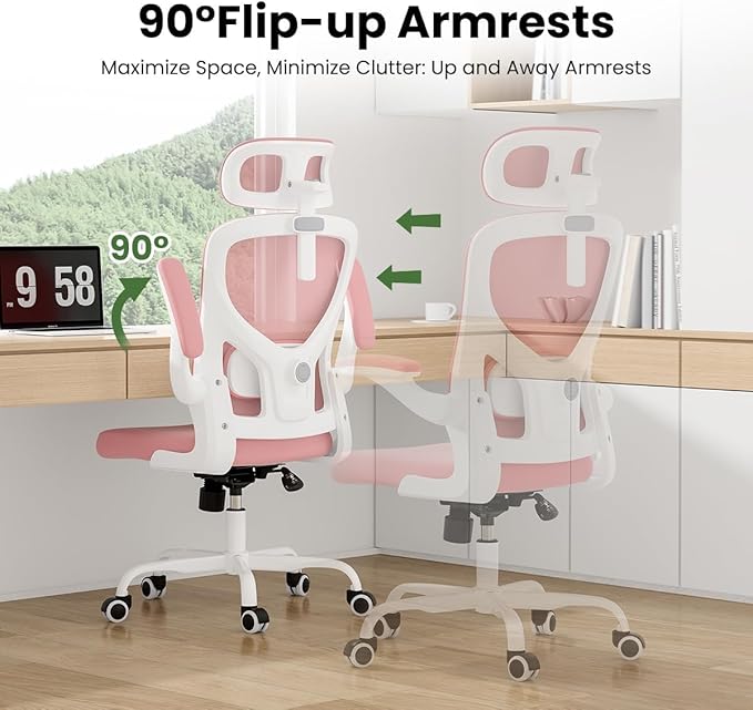 Soohow Ergonomic Office Chair, Office Mesh Desk Chair with Adjustable Lumbar Support Armrests, Comfy Computer Desk Chair with Headrest, for Home and Office, White & Pink