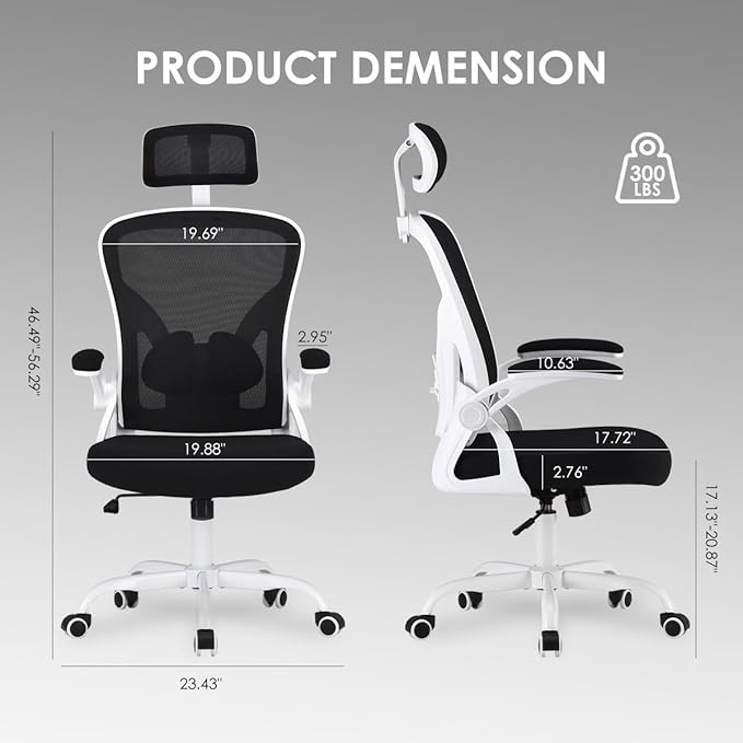 Farini Ergonomic Office Chair, Home Office Desk Chair with Headrest, High Back Computer Chair with Armrests and Adjustable Lumbar Support for Home Office Study Room, White & Black