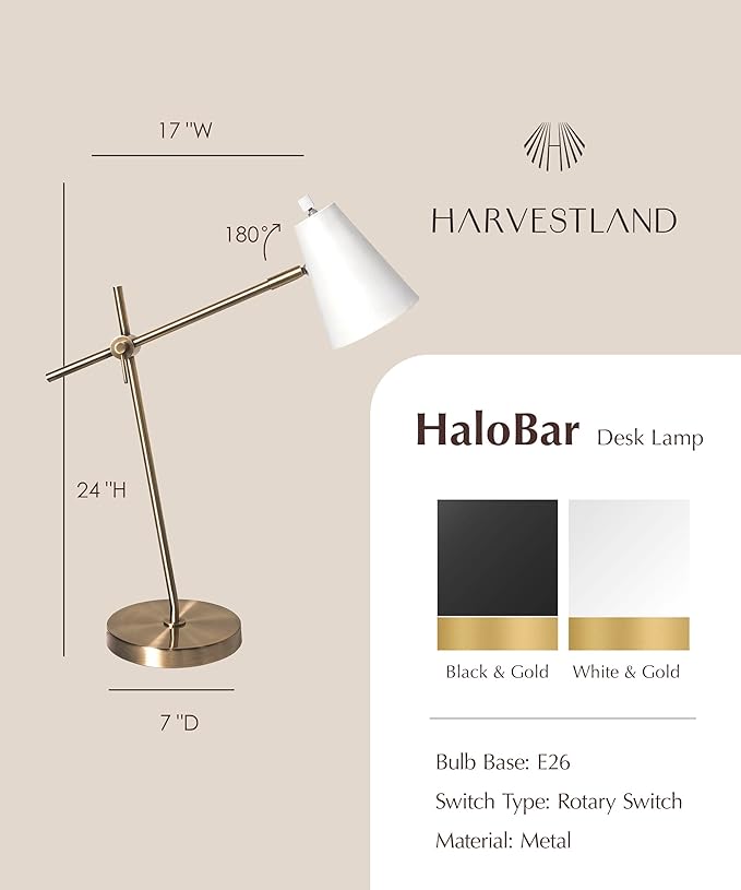 HarvestLand HaloBar Reading Lamps – Adjustable Black Table Lamps, Industrial Table lamp with Solid Base for Home Office, Study and Reading, Desk Lamps for Home Office