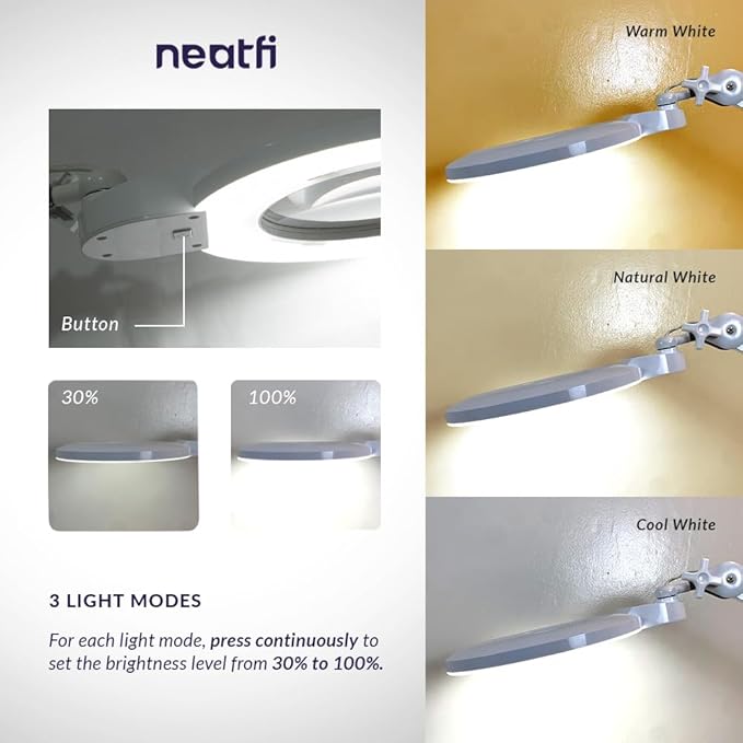 Neatfi XL Bifocals 1,200 Lumens LED Magnifying Lamp with Clamp, 3 Light Modes, Correlated Color Temperature Control (3000K-4500K-6000K), 12W, 120 Pcs SMD LED (White, 6 Inch Lens)