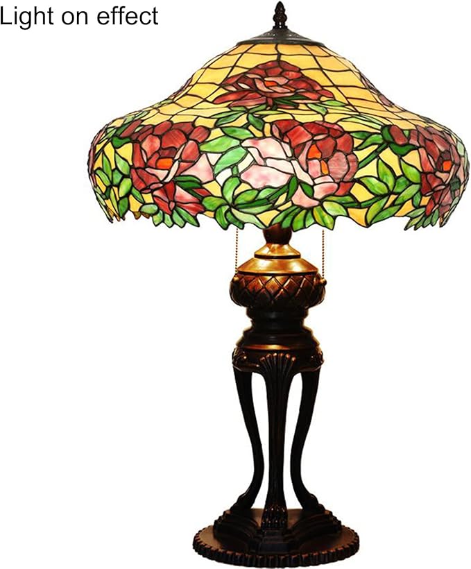Tiffany Lamp Table Lamp Rose Dragonfly Tulip Wisteria Grape Peach Kapok Peony Apple Flower Design Stained Glass Lampshade Desk Lamp for Girl Living Room Iron Base W20 XH32,Peony