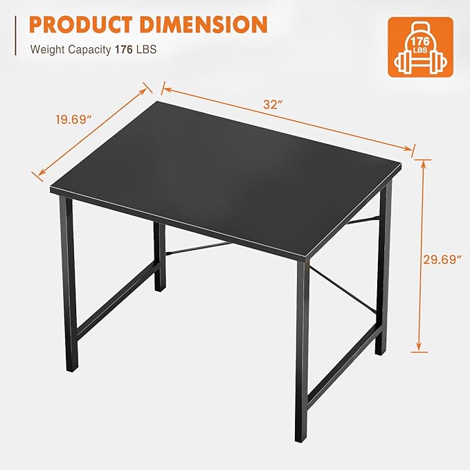 Sweetcrispy Small Computer Office Desk 32 Inch Kids Student Study Writing Work with Metal Frame Wood Tabletop Modern Simple Home Bedroom PC Table - Black