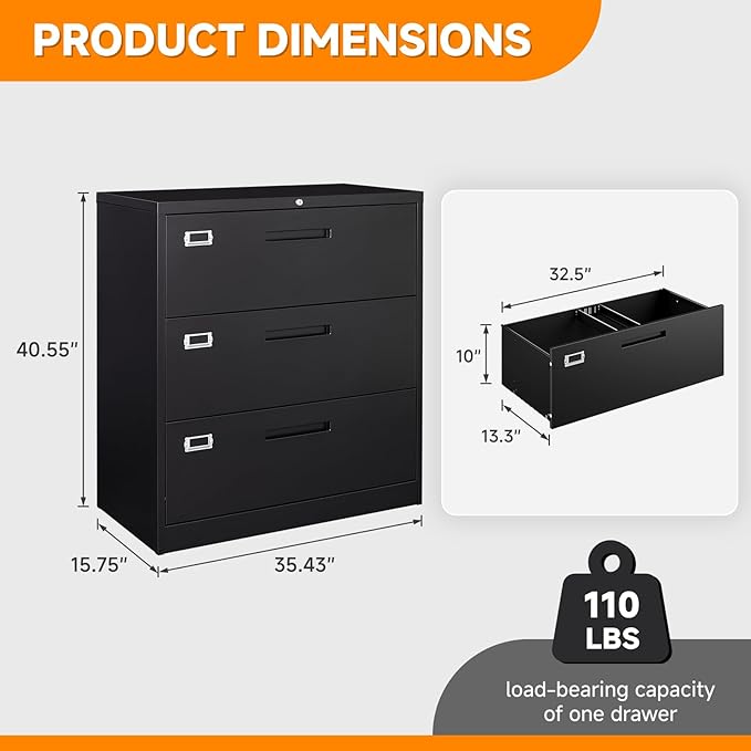 Lateral File Cabinet, Metal Filing Cabinet with Lock, 3 Drawer File Cabinets for Home Office, Office Cabinet for Hanging Files Letter/Legal/F4/A4, Assembly Required, Black