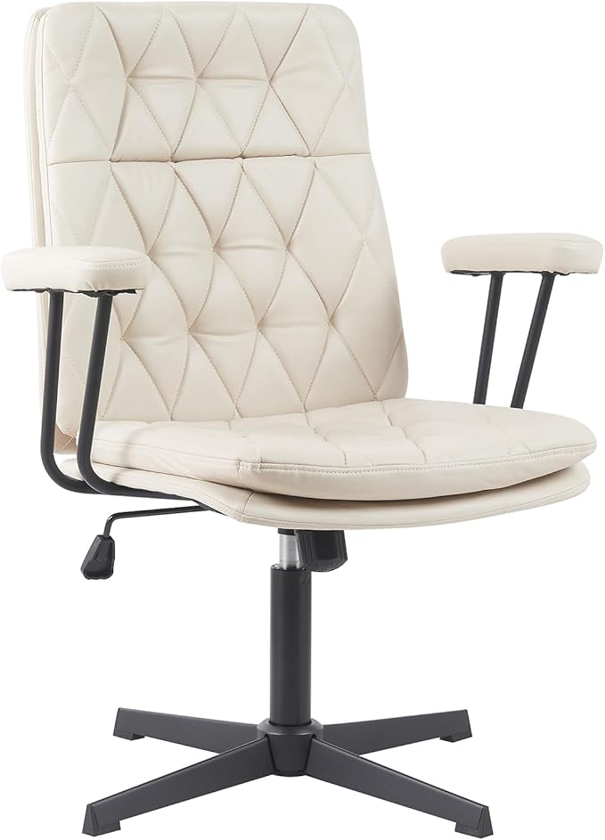Desk Chair No Wheels with Arms Crossleg Stationary Ergonomic Soft Cushion Home Office Swivel Working Computer Chair Cream White