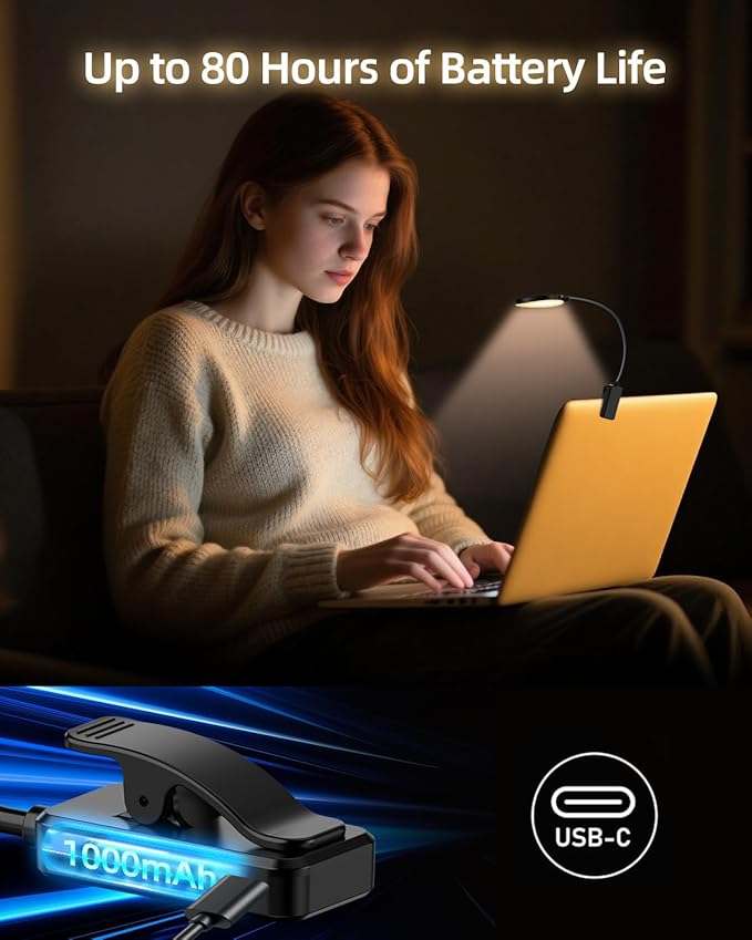 Rechargeable Book Lights for Reading at Night - Eye,3 Color Temperatures,3 Brightness Levels,Flexible Goose Neck Clip on Light,Reading Lights for Books in Bed with Power Indicator Bookworms (Black)
