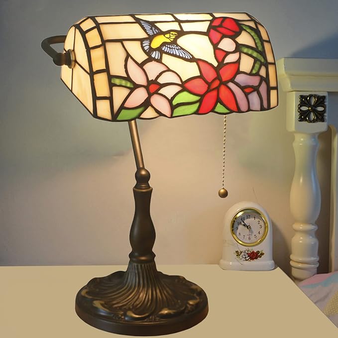 Tiffany Style Stained Glass Bankers Desk Lamp, Rose Flower Pattern, Multicolor, Alloy Base, 10.62" W x 15.35" H
