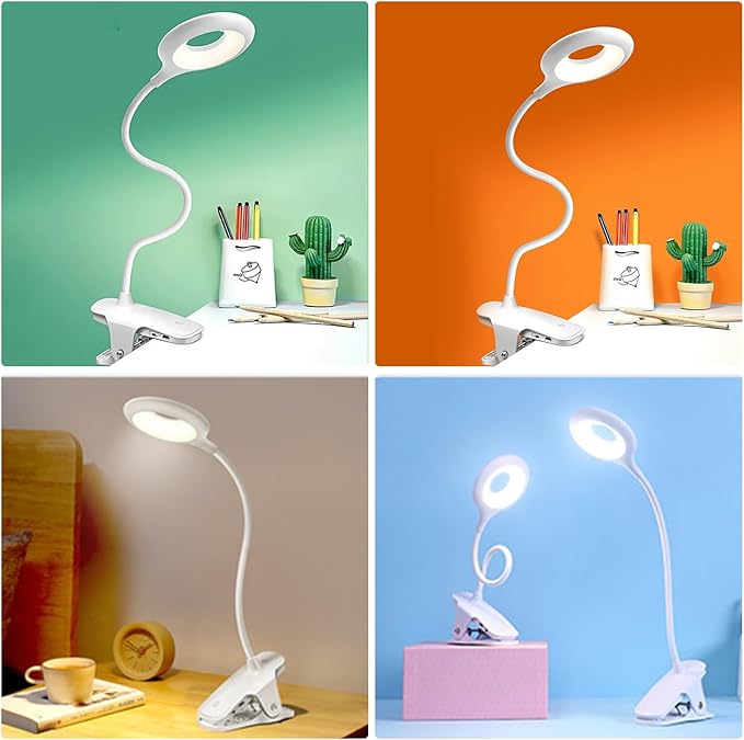 Desk Lamp Clip on Reading Light, Portable Rechargeable Desk Light Mini Clip Lamp, Dorm Room Essential Clip on Light Wall-Mounted, Bedside Lamp with Clamp, Rechargeable Reading Lights for Dorm Makeup